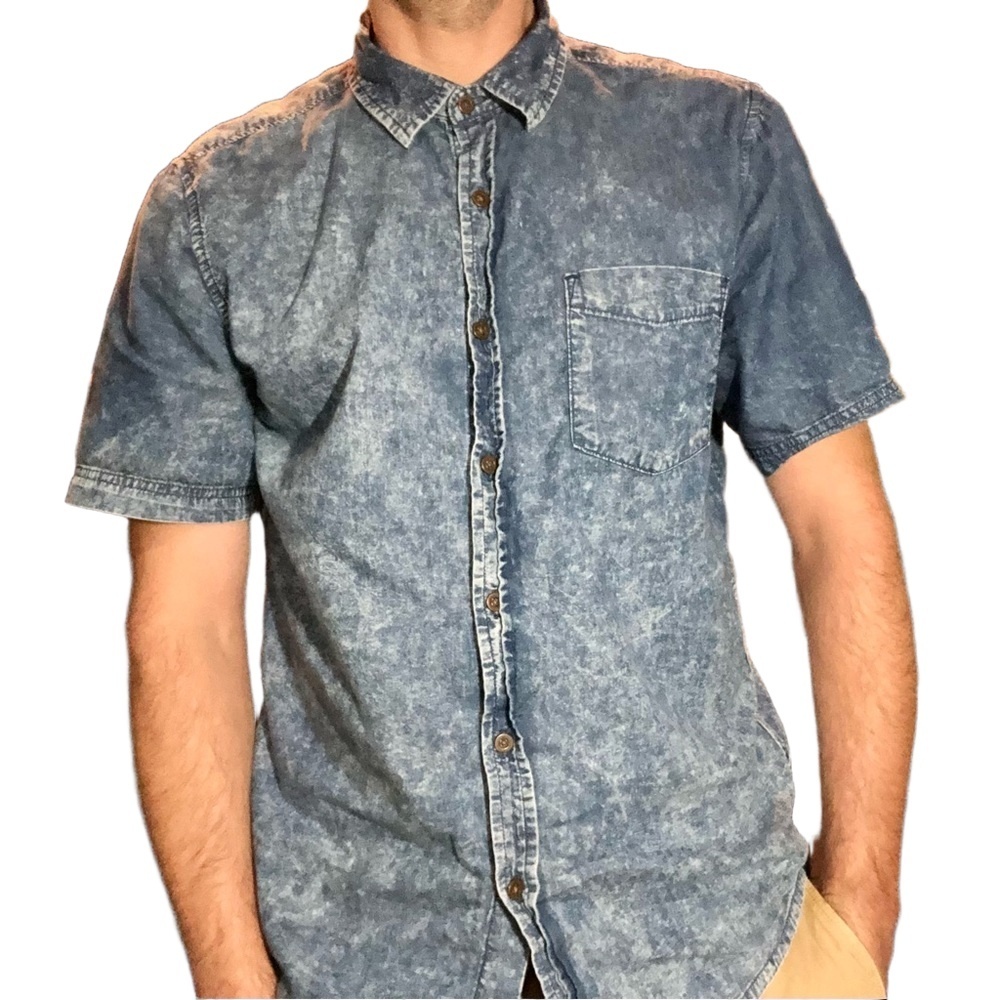 21 Men Mens Blue Short Sleeve Denim ButtonUp Acid Wash Casual Shirt Size Large